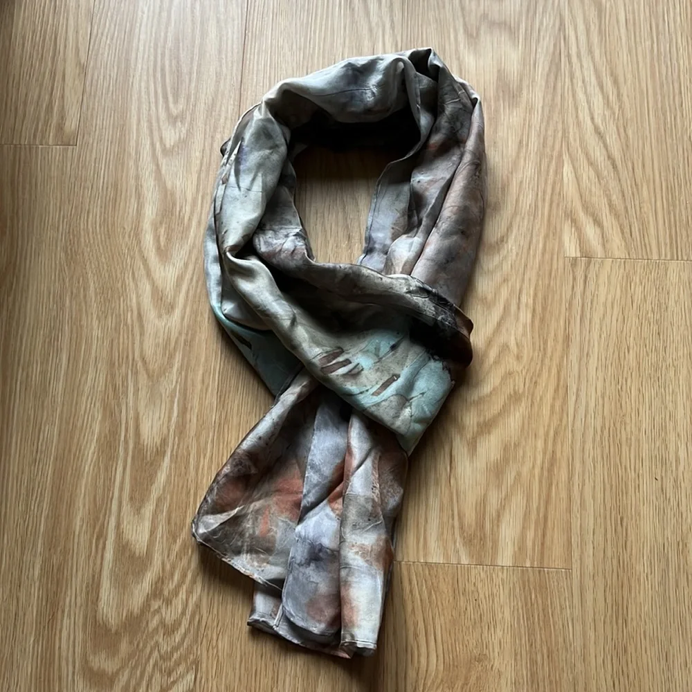 VINTAGE Hand-dyed Silk Scarf With Botanical Leaf Print - Picture 2 of 11